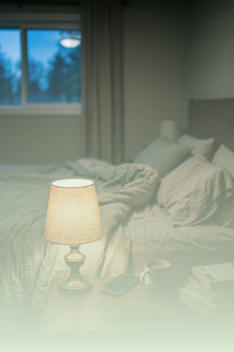 Softly lit bedroom with bedside lamp and book at dusk