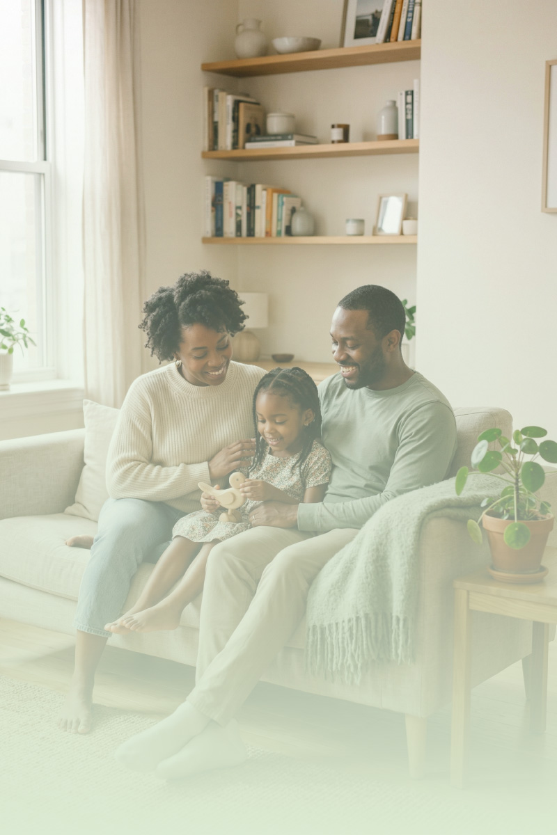 Family relaxing together on a sofa in a bright home