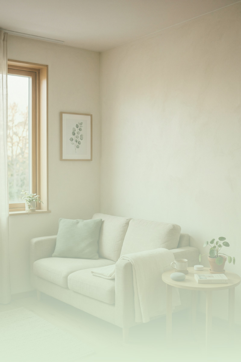 Calm minimal living room with warm natural light